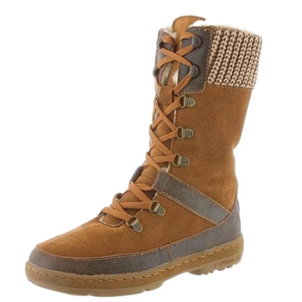 BEARPAW Serena Suede Boots Size 6 Lace-Up Wool Blend Lining, Knit Collar 1813W